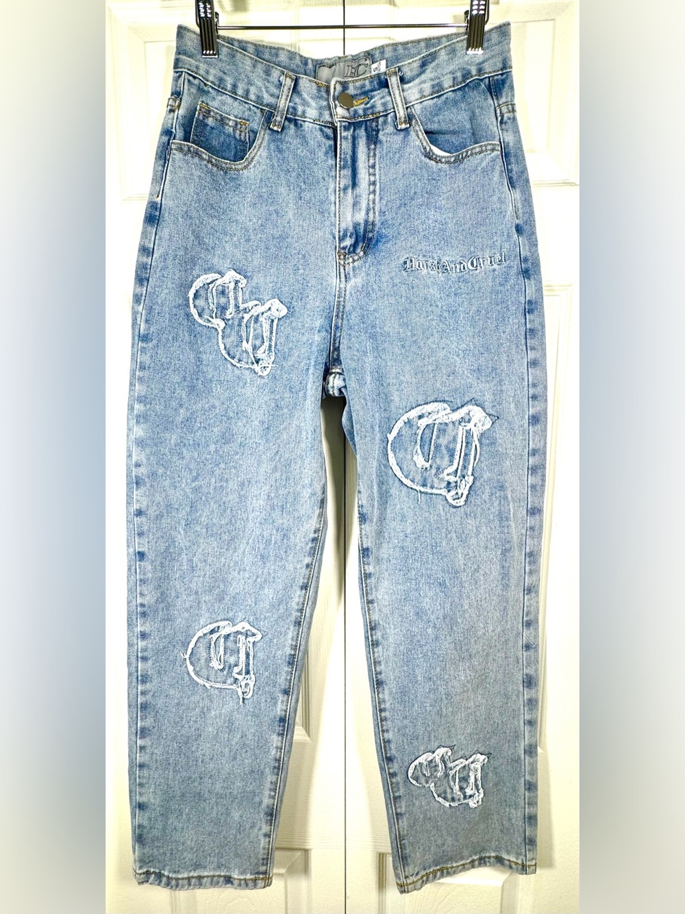 Harsh and Cruel Distressed Gothic Logo Jeans Unisex Size S
